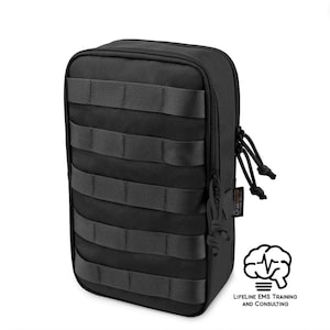 May include: Black rectangular tactical pouch with multiple horizontal straps. The pouch has a zipper closure and a small tag. The image also includes a logo with the text "Lifeline EMS Training and Consulting".