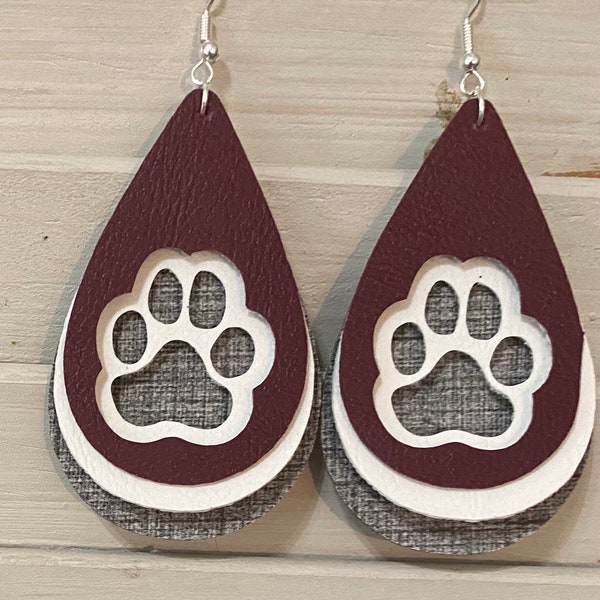 Bulldog Paw Earrings maroon white and gray