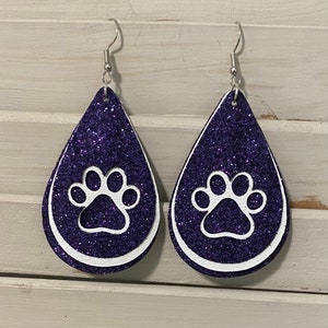 Paw Print Earrings purple glitter with paw print in white leather