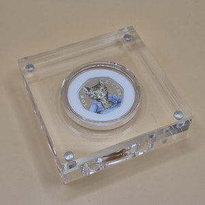 Puede incluir: Una moneda con Tom Kitten con una chaqueta azul, exhibida en una vitrina de acrílico transparente. La moneda tiene las palabras "TOM KITTEN" y un "50". La vitrina es cuadrada y se sujeta con pequeños tornillos plateados.