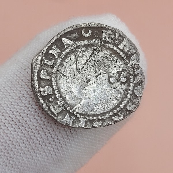 Genuine 1587-89 Elizabeth I Tudor Silver Half Groat - Mintmark 'Crescent' Tower Mint - Hammered Coin