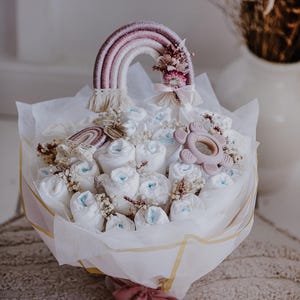 Diaper bouquet/ girl/ diaper cake/ macrame rainbow/ birth gift