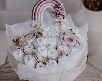 Ramo de pañales/ Niña/ Tarta de pañales/ Arcoíris de macramé/ Regalo de nacimiento