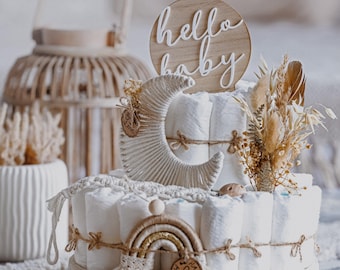 Tarta de pañales estilo boho con luna de macramé / Tarta de pañales neutra / Regalo para baby shower / Estilo boho / Beige / Idea de regalo para recién nacidos