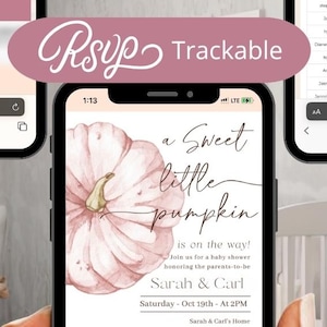 Digital baby shower invitation pumpkin with pink bow, includes RSVP and baby registry