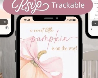 May include: Three smartphones displaying baby shower-themed content. One shows an RSVP form, another a guest list, and the third features a pumpkin-themed invitation with the text "a sweet little pumpkin is on the way!"