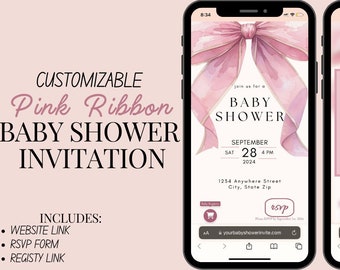 Plantilla de invitación para baby shower con cinta rosa / Incluye formulario de confirmación de asistencia en línea / Mini sitio web personalizado / Invitación digital para baby shower / Enlaces de registro