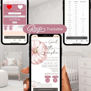 May include: Three smartphones displaying baby shower invitation details. The invitation features a watercolor pumpkin design with text that reads "A Sweet Little Pumpkin is on the way!" and RSVP information. The RSVP is trackable.