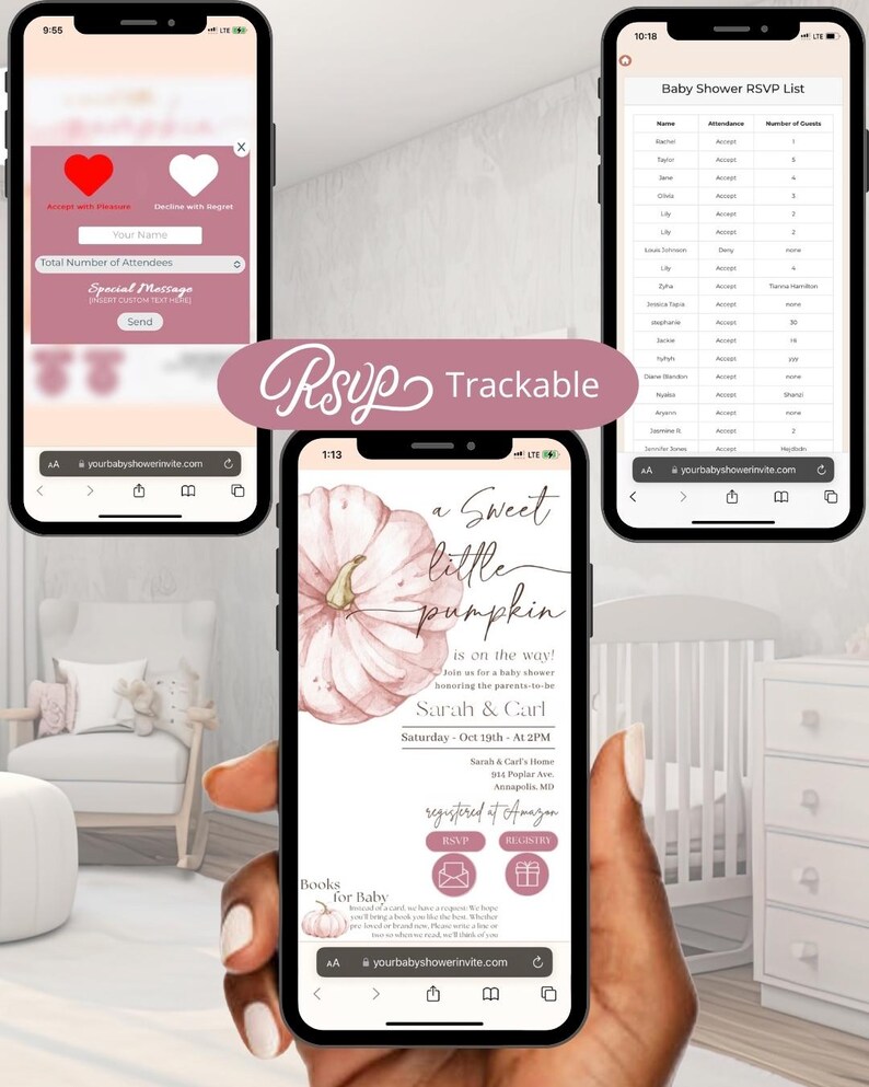 May include: Three smartphones displaying baby shower invitation details. The invitation features a watercolor pumpkin design with text that reads "A Sweet Little Pumpkin is on the way!" and RSVP information. The RSVP is trackable.