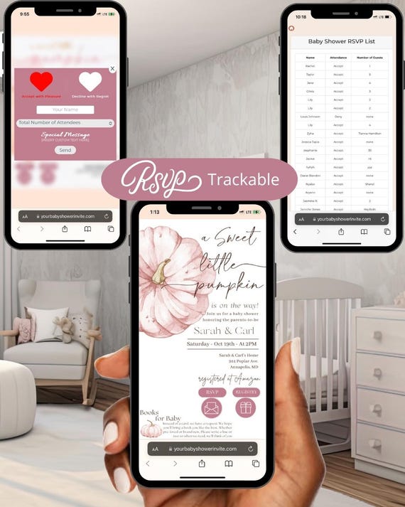 Sweet Little Pumpkin Baby Shower Invitation • Digital Fall Invite with Online RSVP, Guest Tracker & Baby Registry Links