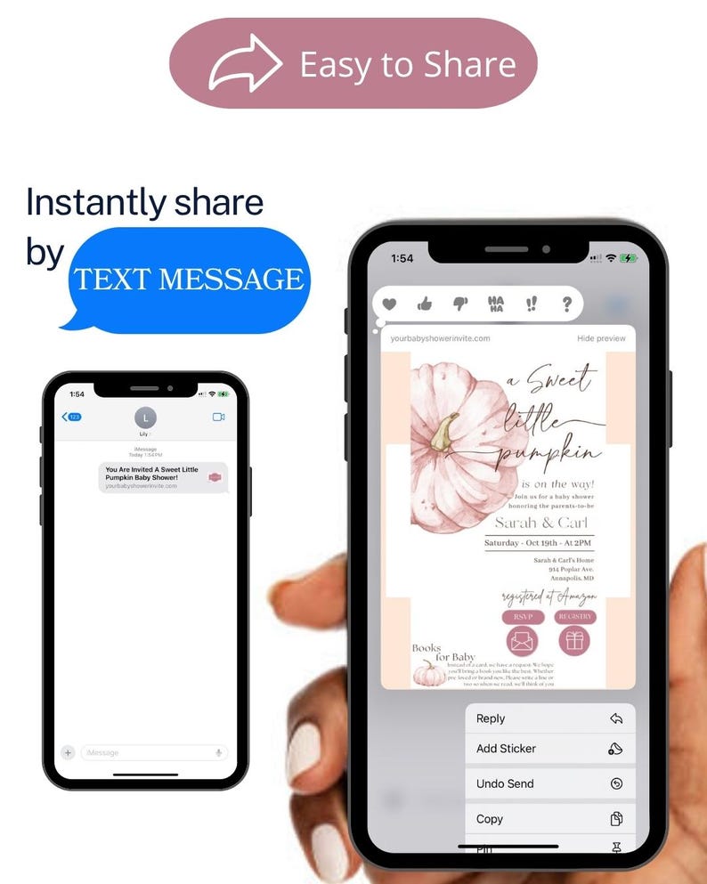 Guest receiving baby shower invitation through text message. Digital invitation shared via SMS with RSVP and registry detail
