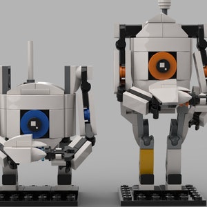 May include: Two white and black Lego robot figures. One robot has a blue eye and the other has an orange eye. Both robots have articulated arms and legs, and are constructed from Lego bricks. The robots are standing on black Lego bases.