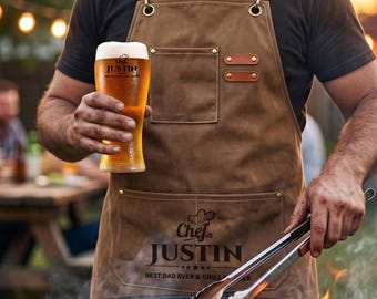 Personalized Chef Apron And Beer Glass Set, Custom Grill Master Gift For Dad, Fathers Day BBQ Gift, Name Pint Glass And Canvas Apron