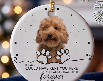 May include: A round white ceramic ornament featuring a photograph of a fluffy golden-brown dog. The design includes black paw prints, dots, and the text: IF LOVE COULD HAVE KEPT YOU HERE YOU WOULD HAVE LIVED forever KYRA 2015-2025. It has a gold string.