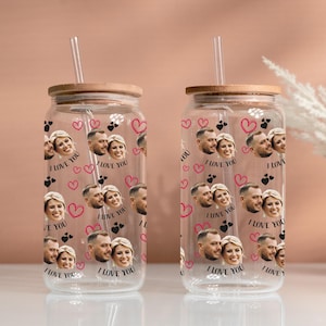 Personalized Couple Face Glass Cups, Custom Husband and Wife 16oz Jars, Anniversary Gifts, Fathers Day Iced Coffee Cup, Tumbler with Lid