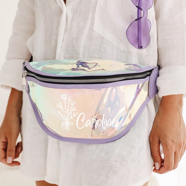 Custom Name and Flower Waist Bag, Holographic Bum Bag, Personalized Cross Bag, Birth Flower Belt Bag, Bridesmaids Gifts, Bridal Party Favors