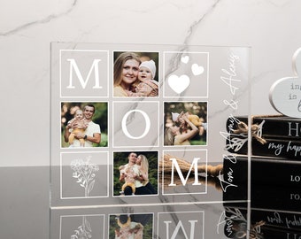 Personalized Mom Sign, Mothers Day Gifts, Custom Acrylic Plaque, Mom Photo Gift Stand, Family Picture Sign, Birthflower Display for Her