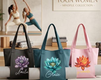 May include: Three yoga tote bags in black, teal, and pink, each with a lotus flower design and a name. Each bag holds a rolled-up yoga mat. The bags are part of the "Yoga Women - Mindful Collection".