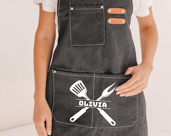 Personalized Grilling Apron: Leather Accents, BBQ Grill Master Gift