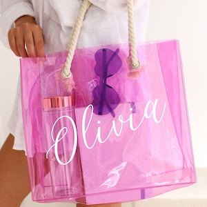 Custom Name Bridesmaid Totes, Personalized Tote Bag for Her, Mothers Day Gifts, Gift for Her, Neon Color Transparent Tote, Cute Shoulder Bag