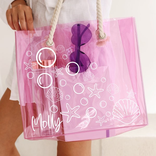 Personalized Summer Name Bag, Customized Bag for Beach, Transparent PVC Tote Bag, Mothers Day Gifts, Neon Color Tote, Tote with Rope Handle