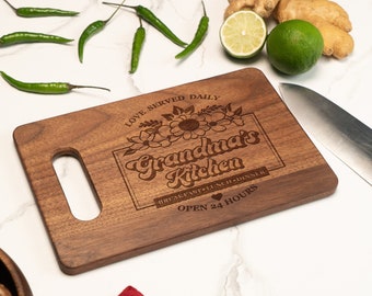 Engraved Cutting Board for Her, Cute Kitchen Decoration, Mothers Day Gifts, Moms Kitchen Serve Board, Walnut and Bamboo Board With Handle