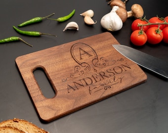 Family Name Engraved Cutting Board, Rustic Kitchen Decor, Cheese Presentation Board with Personalization, Customized Walnut Serving Board