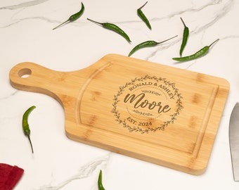 Personalized Wedding Gift for New Couple, Engraved Charcuterie Board, Custom Bamboo Kitchen Board with Handle, Housewarming Anniversary Gift