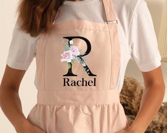 Floral Initial Apron, Personalized Mothers Day Apron, Gift for Mom, Custom Letter Apron, Gift for Her, Name Apron for Women,Cute Pink Aprons