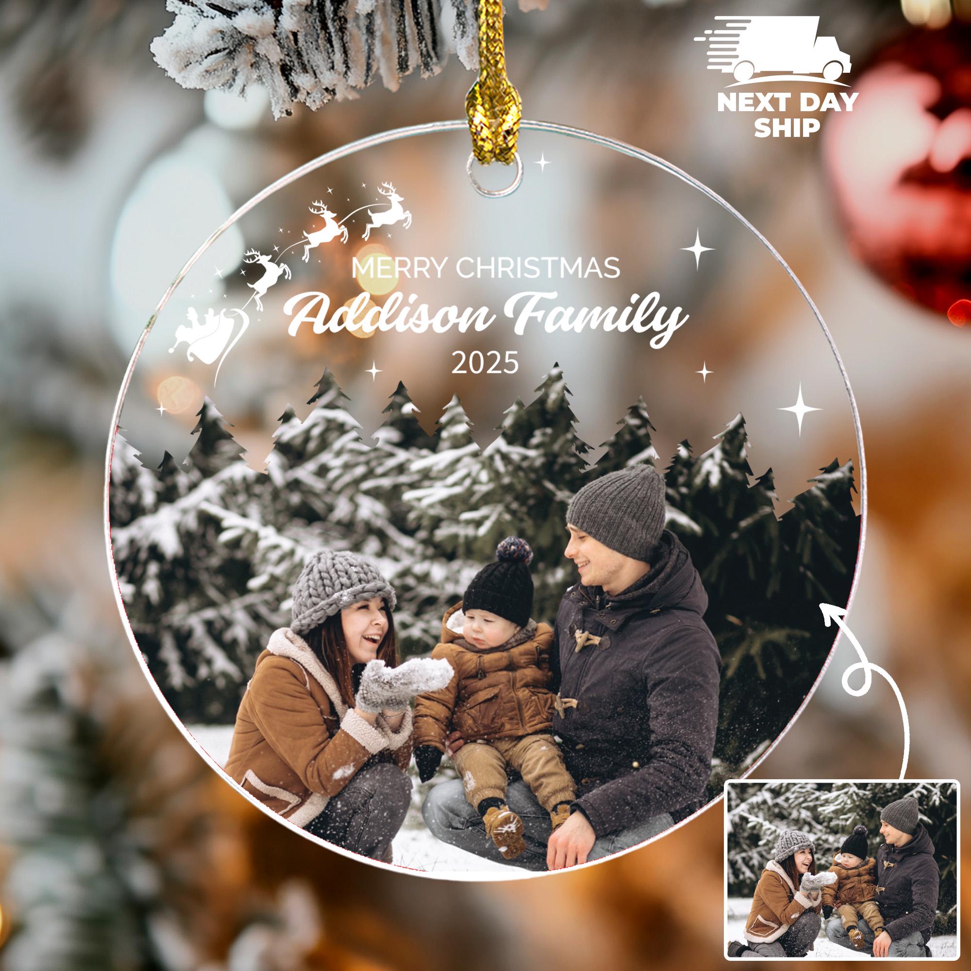 Family Picture Pine Forest Background Ornament, Family Name Christmas Keepsake, Santa Sleight and Reindeers Ornament, Family Photo Gift