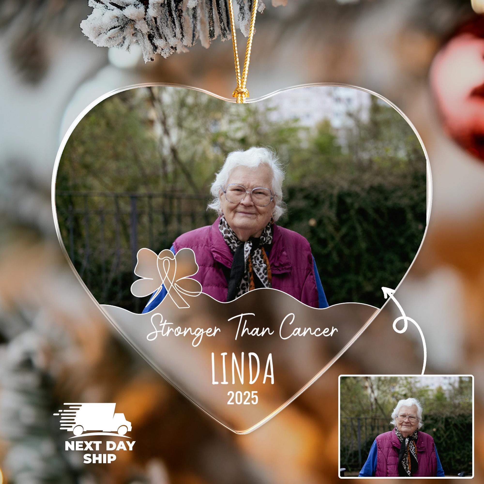 Personalized Photo Ornament, Cancer Support Gift, Heart or Round