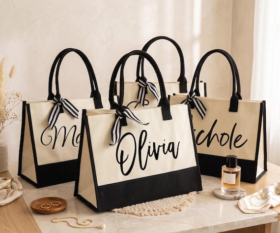 Custom Name Canvas Tote Bag for Bridesmaids, Bachelorette Gifts, Personalized Wedding Tote, Bridal Party Favor, Beach Tote, Shopping Tote