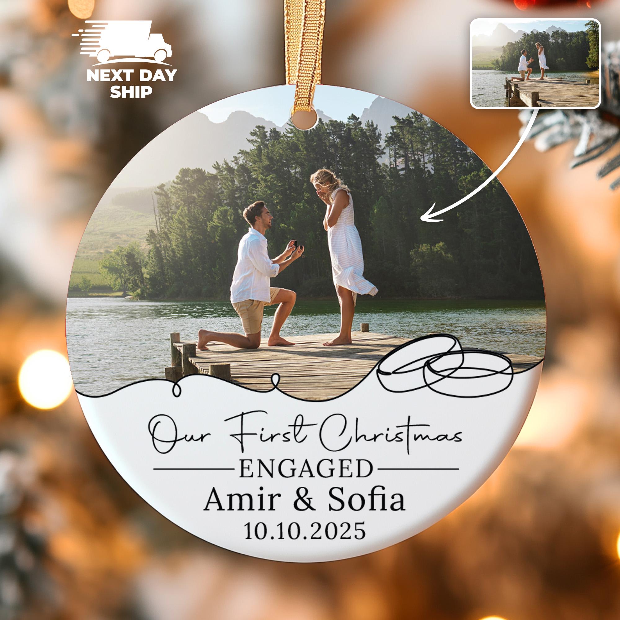Personalized Engagement Photo Ornament: Our First Christmas Keepsake