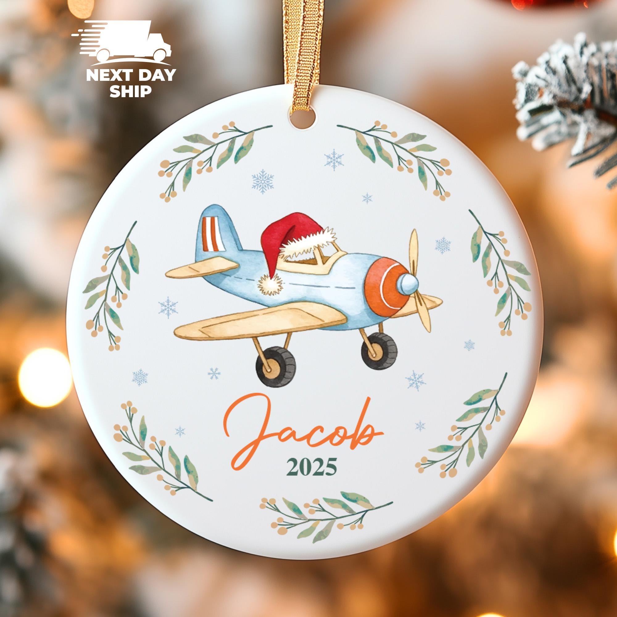 Cute Christmas Airplane Ornament 2025, Custom Pilot Holiday Decor, Santa Hat Plane Ornament, Kids Aviation Ornament, Pilot Name Ornament