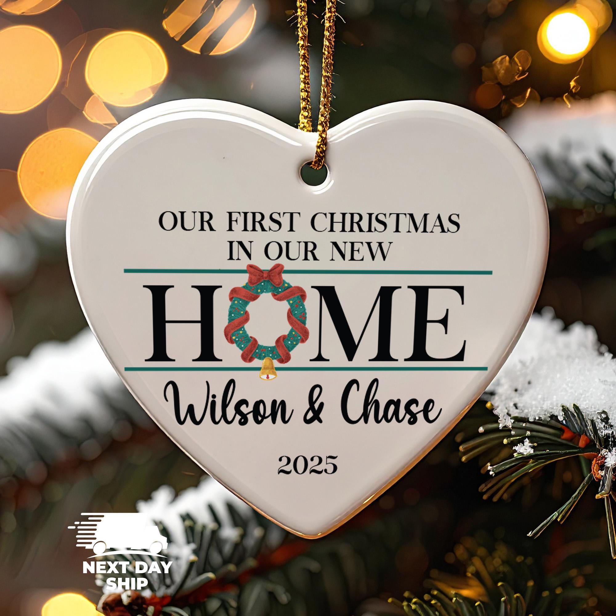 Dainty First Christmas Ornament for Couple, Minimalist Christmas Ornament, In Our New Home Ornament, Personalized Name Ornament with Wreath