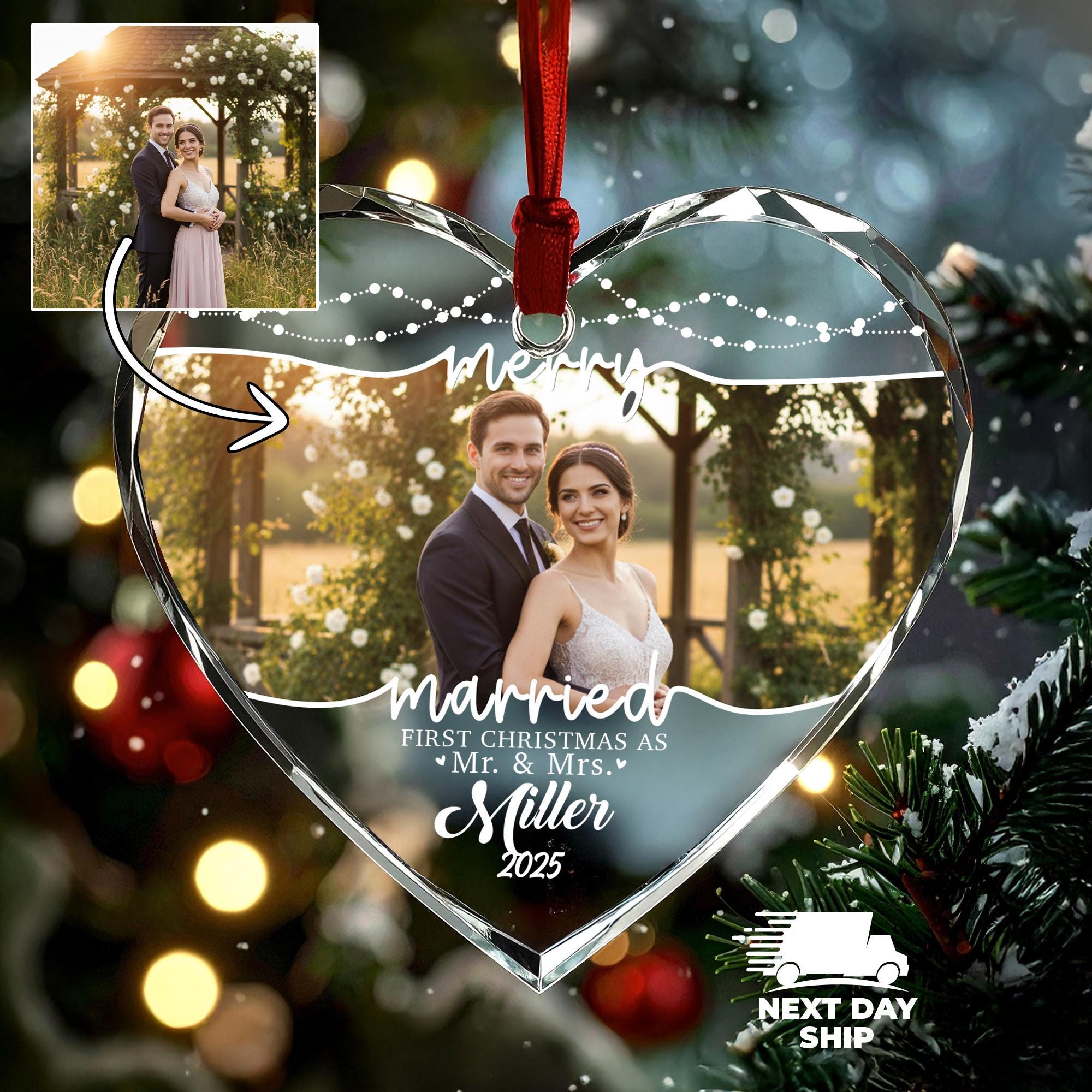 Our First Christmas Married Ornament, Personalized Wedding Ornament, Custom Photo Ornament Mr and Mrs, Newlywed Christmas Gift 2025