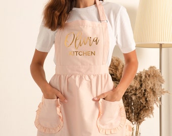 Personalized Apron for Women, Custom Kitchen Apron, Gift for mom, Mother Gift, Hostess Gift, Ruffled with Pockets Chef Birthday gift for Mom