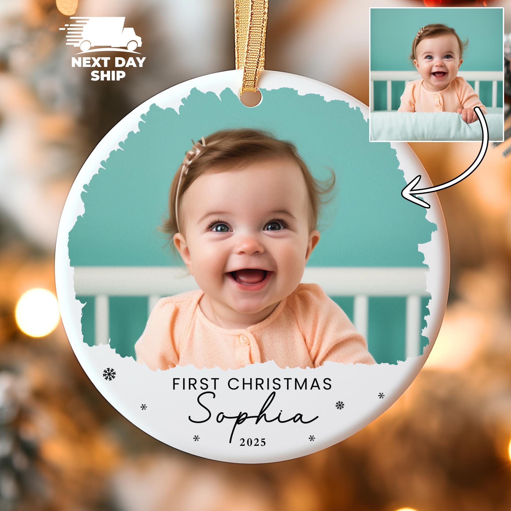 First Christmas Ornament 2025, Personalized Baby Photo Ornament, Custom Ceramic Keepsake, Newborn Gift, Baby Girl Boy Holiday Decor