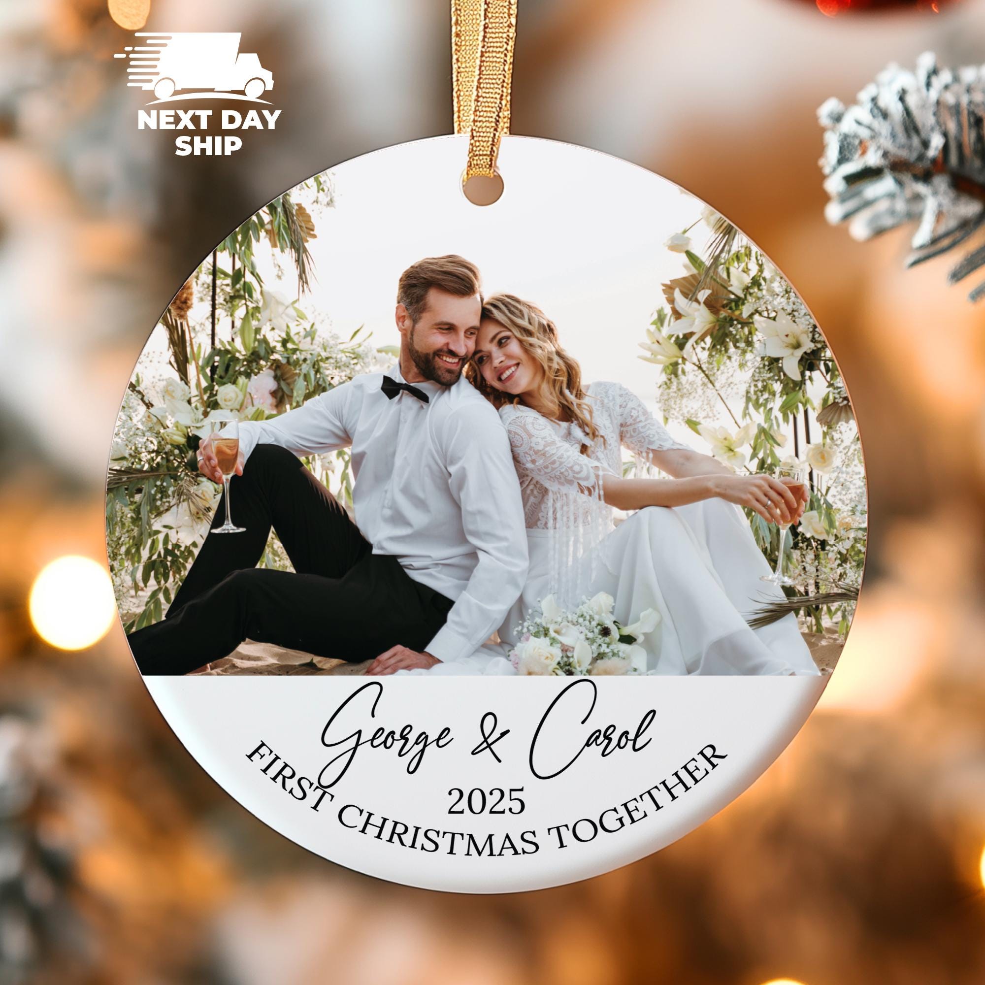 Custom 2026 First Christmas Ornament w Picture, Christmas Wedding Keepsake Gifts, Personalized Newlywed Ornament, Christmas Photo Ornament