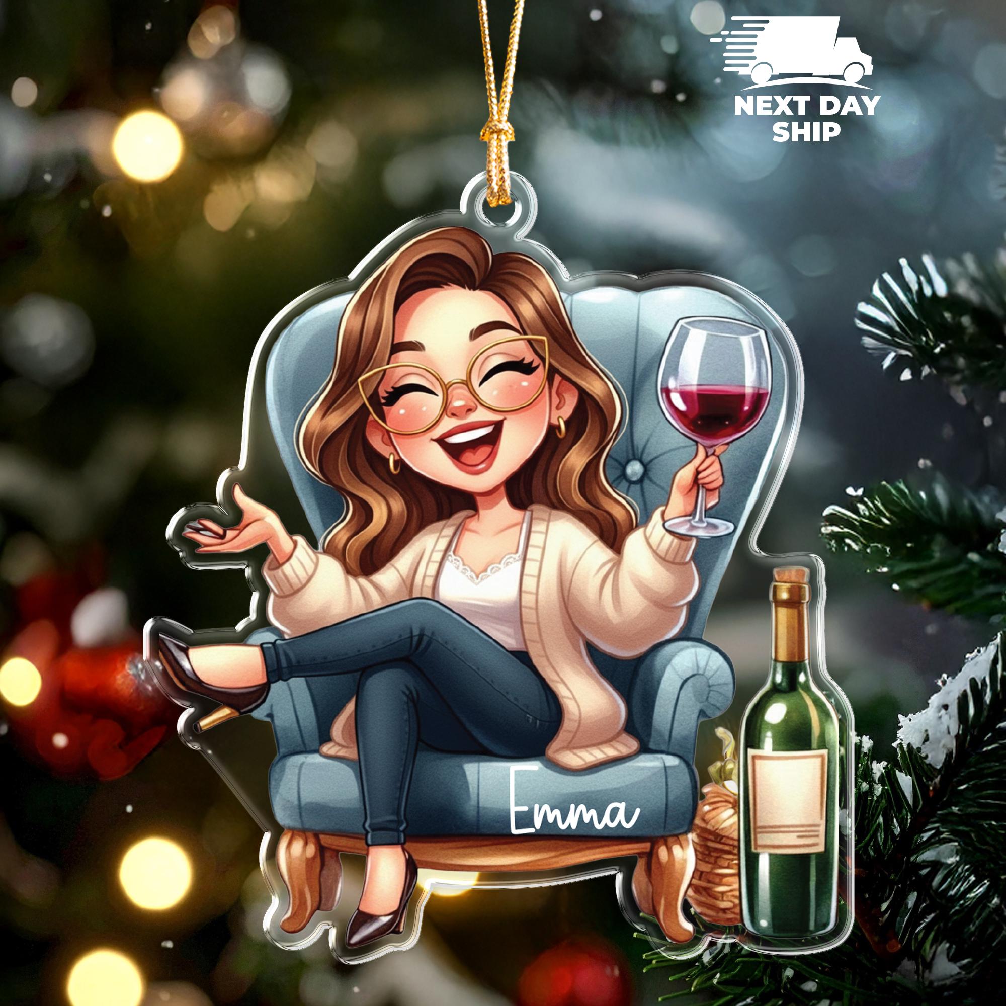 Personalized Wine Lover Ornament, Custom Woman with Wine Glass Acrylic Ornament, Funny Christmas Gift for Friends, Cozy Night Ornament