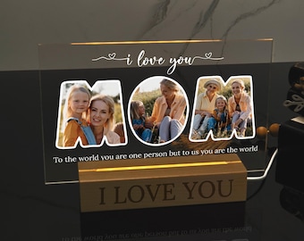 Acrylic Mom Photo Plaque with Light Wood Base, Personalized Mothers Day Gift, Gift for Her, Family Picture Sign, Gift for Mom, Acrylic Stand