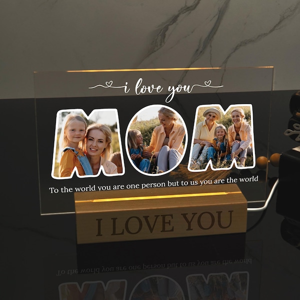 Acrylic Mom Photo Plaque with Light Wood Base, Personalized Mothers Day Gift, Gift for Her, Family Picture Sign, Gift for Mom, Acrylic Stand
