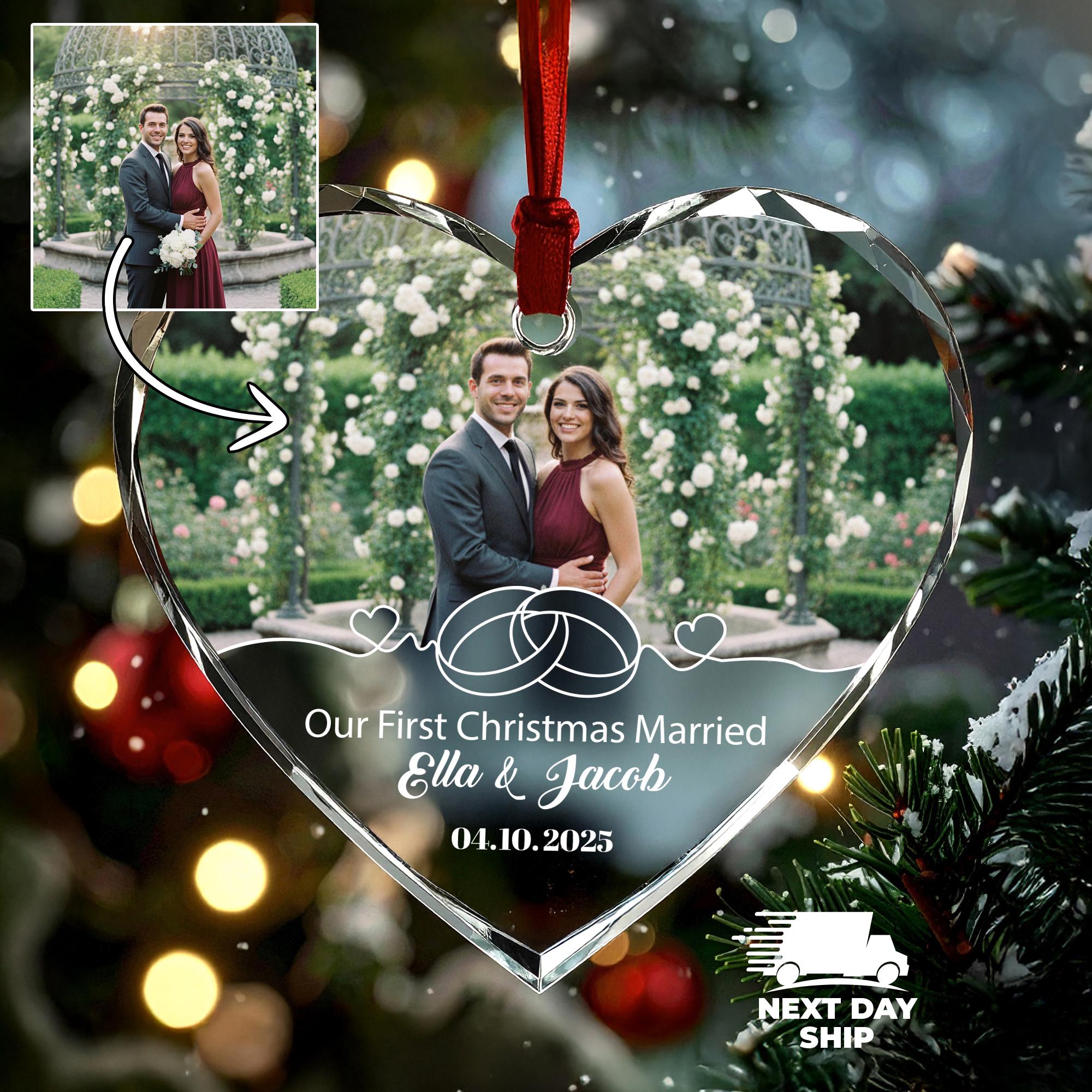 First Christmas Married Ornament, New Year Couple Ornament, Newlywed Picture Ornament, First Anniversary Keepsake, Wedding Rings Ornament