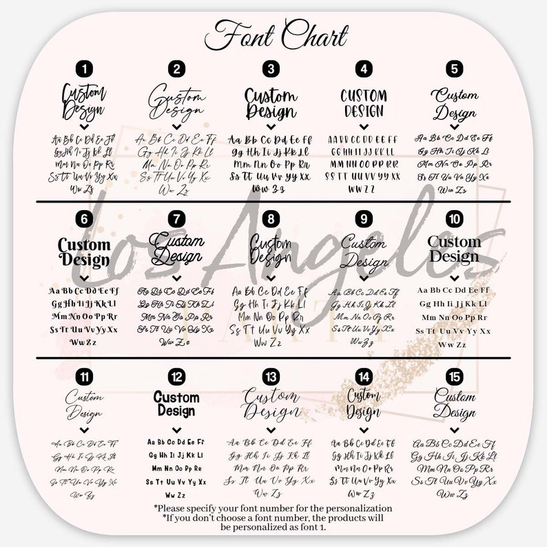 K&ouml;nnte beinhalten: Eine Schriftartentabelle mit f&uuml;nfzehn verschiedenen Typografiestilen, die von eins bis f&uuml;nfzehn nummeriert sind. Jeder Stil zeigt den Schriftzug Custom Design sowie das vollst&auml;ndige Alphabet in Gro&szlig;- und Kleinbuchstaben. Schwarzer Text auf hellrosa Grund.