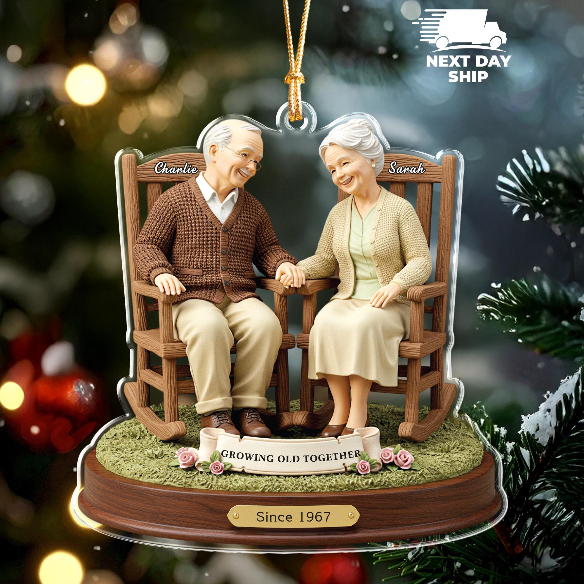 Personalized Elderly Couple Ornament, Growing Old Together Acrylic Ornament, Anniversary Gift for Grandparents, Custom Name Keepsake