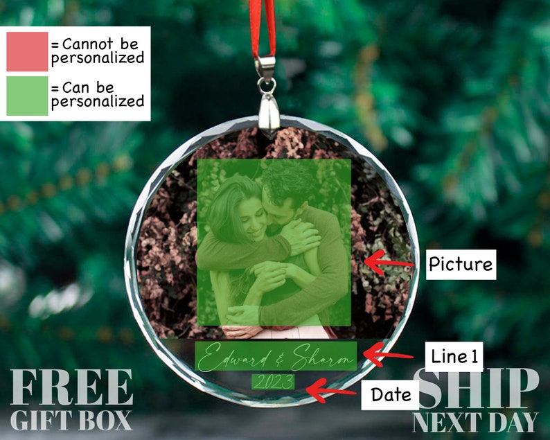 May include: A clear glass ornament with a photo of a couple hugging. The ornament is personalized with the text "Edward & Sharon" and the year "2023".