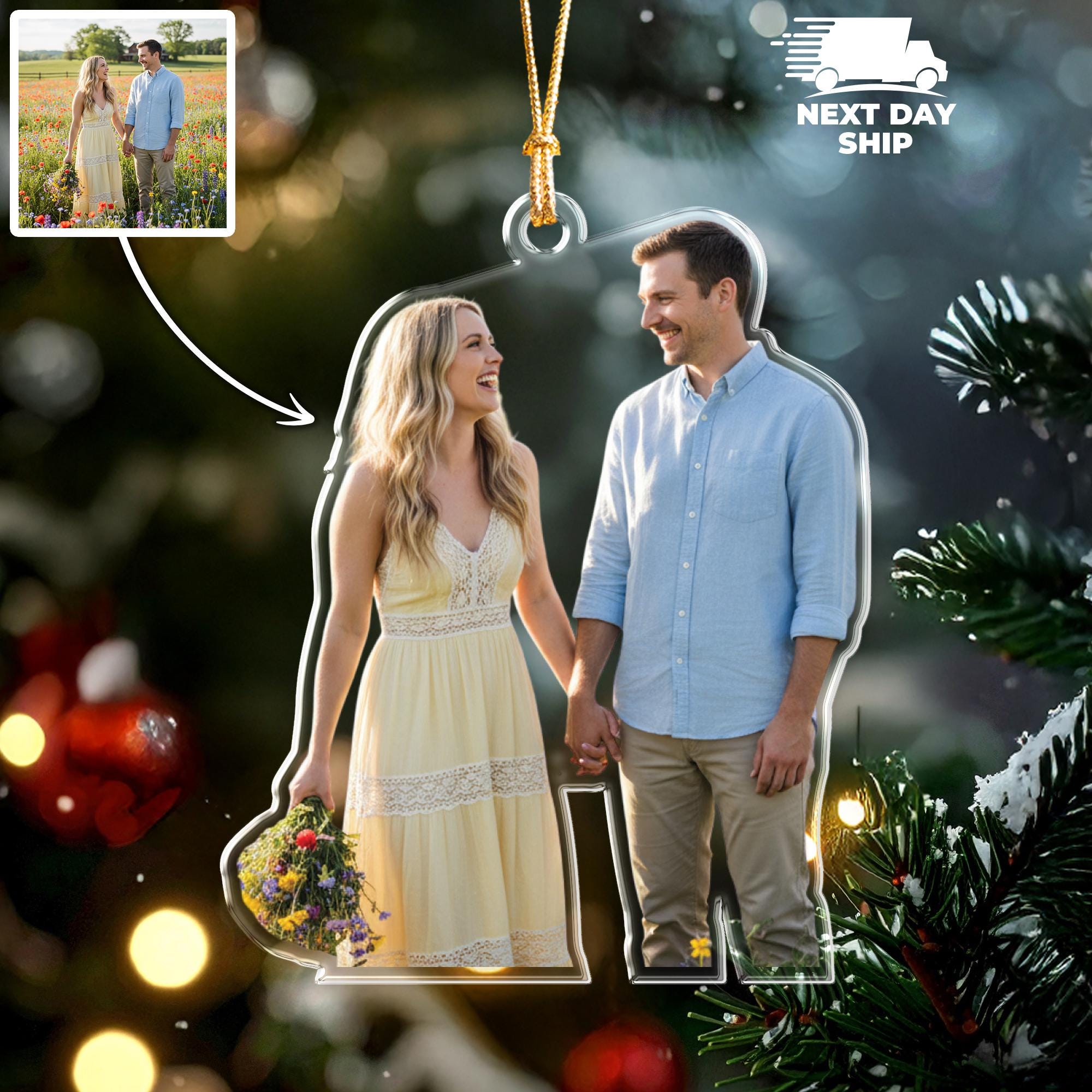 Custom Couple Picture Ornament, Personalized Photo Gift, Romantic Hand in Hand Keepsake, Engagement or Anniversary Christmas Decoration