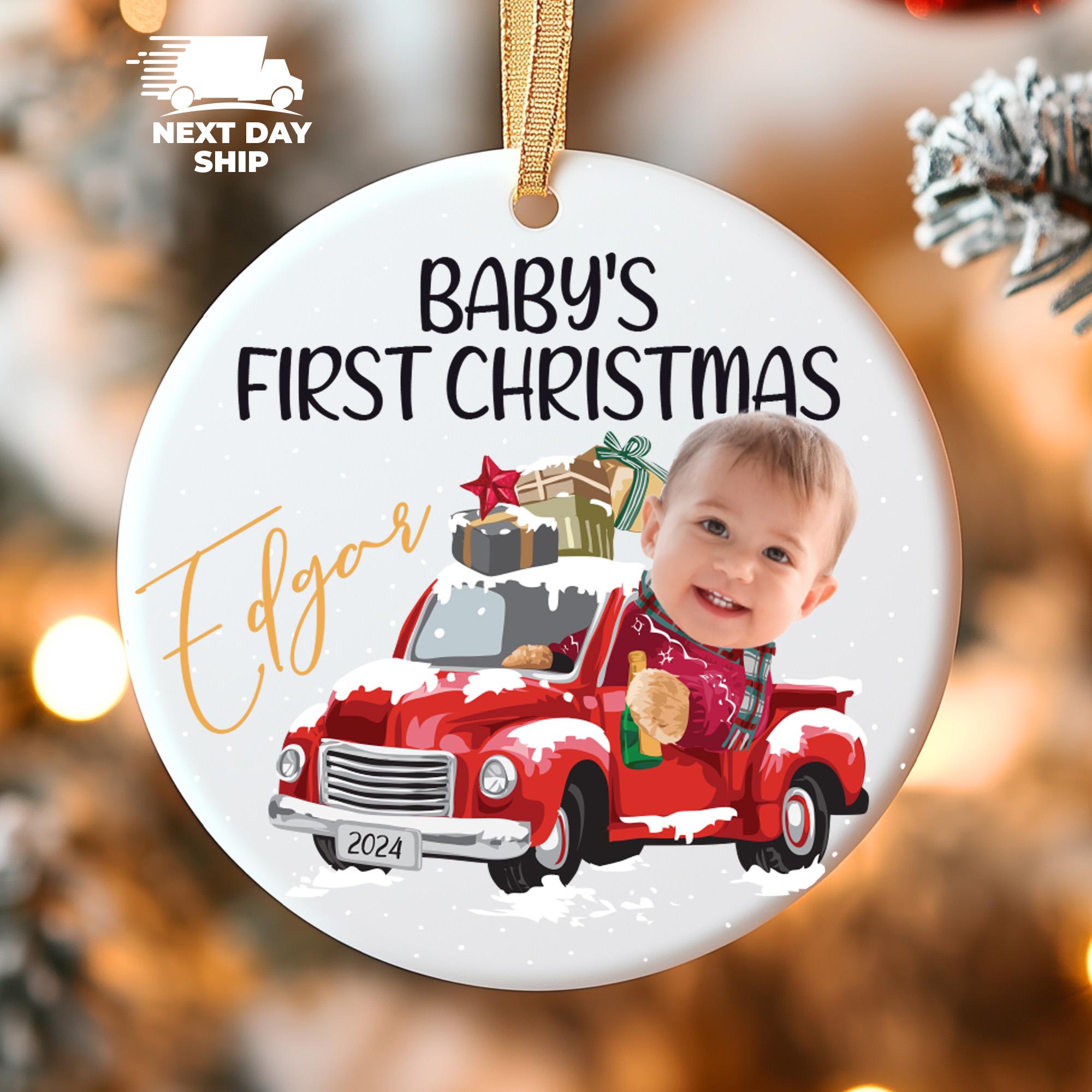 Baby's First Christmas Name Photo Ornament, Newborn Christmas Car Ornament, 2024 2025 Christmas Gift, Funny Kids Face Ornament Acrylic
