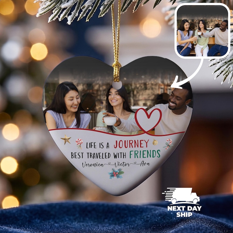 Best Friends Photo Ornament, Friends Travel Keepsake, Christmas 2025 with Besties, Friend Group Gift, Friendship Token Ornament Ceramic Heart
