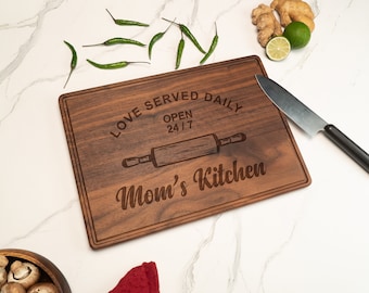 Custom Grandma's Kitchen Board, Personalized Mothers Day Gifts, Gift for Grandmom, Engraved Walnut Board with Drip Ring, Unique Serve Board